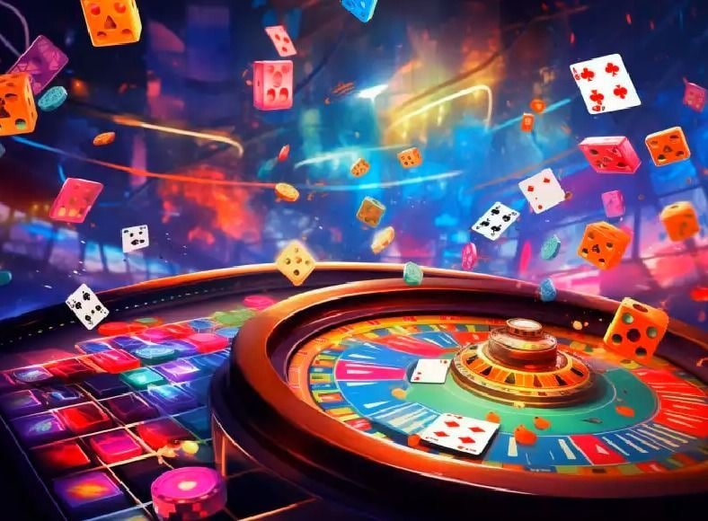 Mesin slot dengan lampu warna-warni dan tombol start di kasino modern